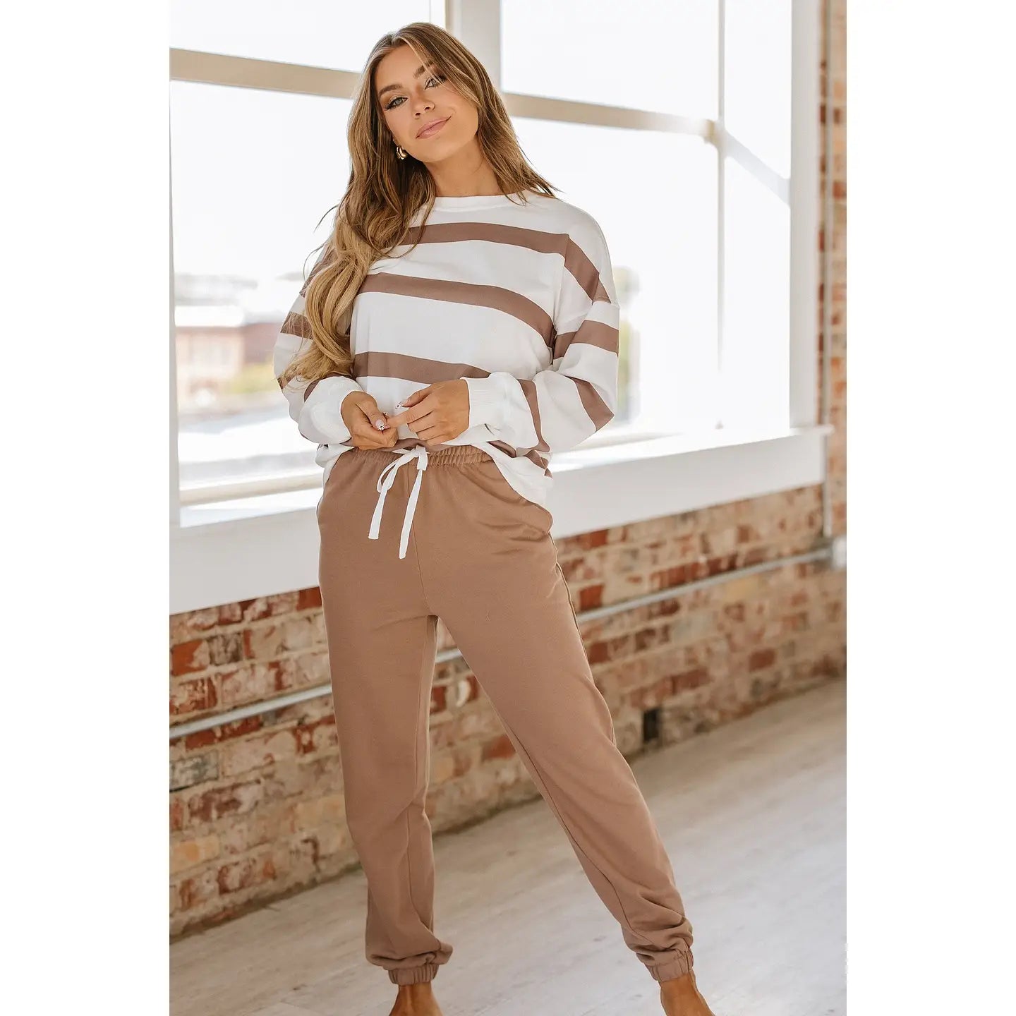French Beige Striped Pullover Square Neck Pullover