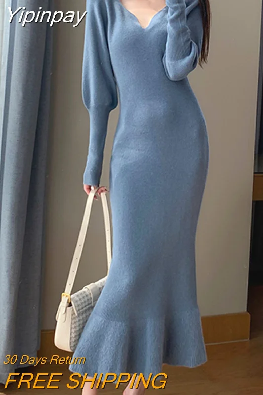 Yipinpay Elegant Mermaid Sweater Long Dress Women Vintage V-neck Knitted Warm Y2K Dress Korean Casual Chic Dress for New Year 2023 Fleece Fabric Down Fabric Feather Fabric Yipinpay Elegant Mermaid Sweater Long Dress Women Vintage V-neck Knitted Warm Y2K Dress Korean Casual Chic Dress for New Year 2023 Fleece Fabric Down Fabric Feather Fabric