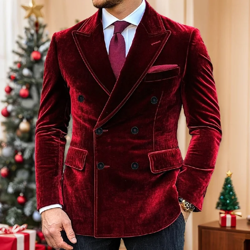 Red Purple Men's Velvet Vintage Standard Fit Double Breasted Six-buttons Blazer Jacket Rayon Fabric Velvet Fabric Corduroy Fabric