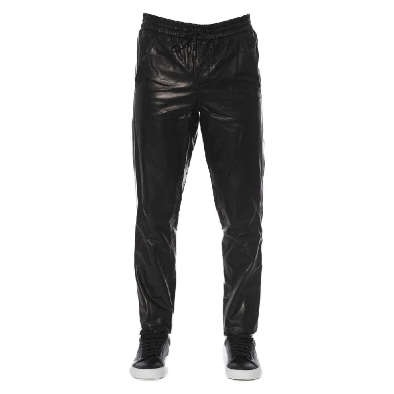Trussardi Sleek Black Leather Trousers for Men Trousers Striped Patterned