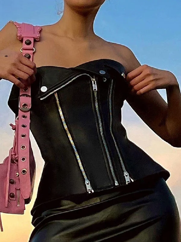 Punk Zipper Fashion Black Goth PU Leather Crop Top Layered Multi-layer Single Layer