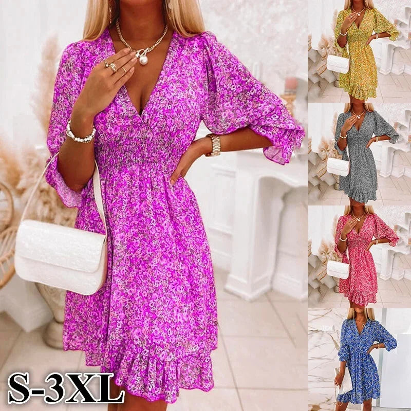 Women Summer Fashion Bohemian Dress Nipped Waist Pullover Sheath Sleeve Elegant