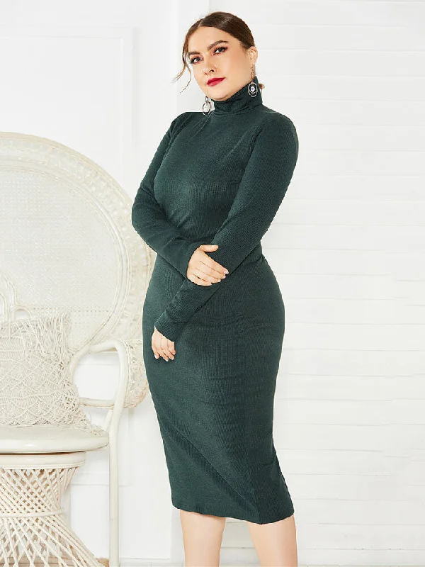 Plus Size Ribbed Pullover Knit Sweater Dresses Tight Sleeve Top