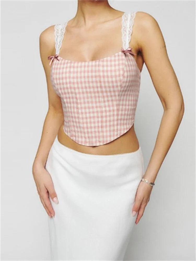 Women Slim Lace Strap Mini Vest Plaid/Floral Print Exposed Navel Cropped Summer Party Streetwear 2024 Crop Top Asymmetrical Pockets Print Women Slim Lace Strap Mini Vest Plaid/Floral Print Exposed Navel Cropped Summer Party Streetwear 2024 Crop Top Asymmetrical Pockets Print