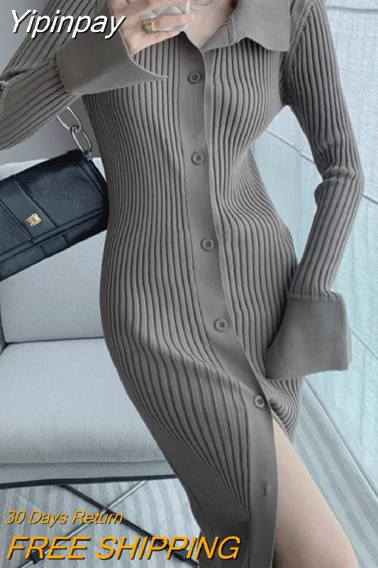 Yipinpay Autumer Winter Knit Casual Long Sleeve Button Elegant Chic POLO Collar Slim Sweater Dress for Women Vintage Korean Fashion Spandex Rayon Corduroy Yipinpay Autumer Winter Knit Casual Long Sleeve Button Elegant Chic POLO Collar Slim Sweater Dress for Women Vintage Korean Fashion Spandex Rayon Corduroy