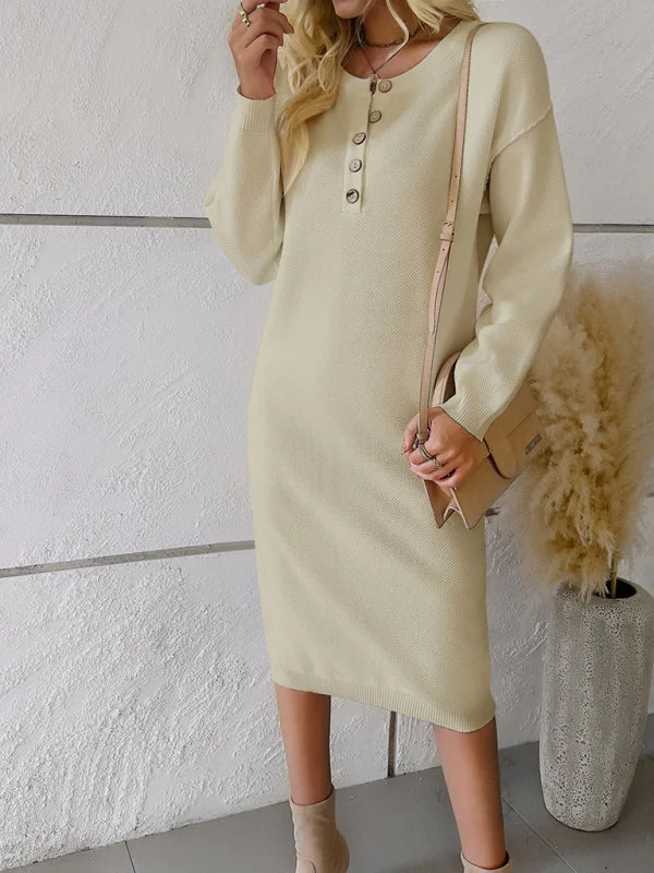 Blue Zone Planet | round neck sweater dress Solid Color Striped Floral Print