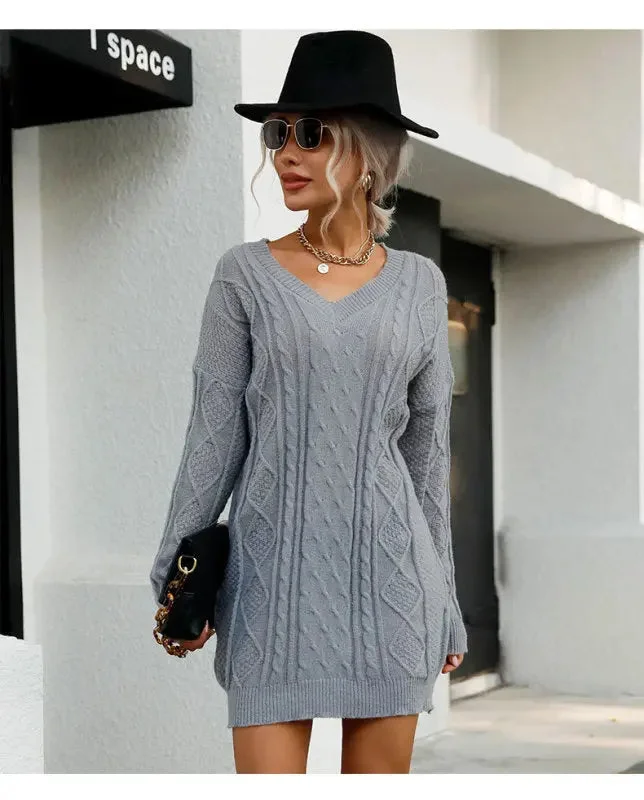 Blue Zone Planet |  Solid Color Long Sleeve V-Neck Grey Sweater Dress Bright Pastel Dark
