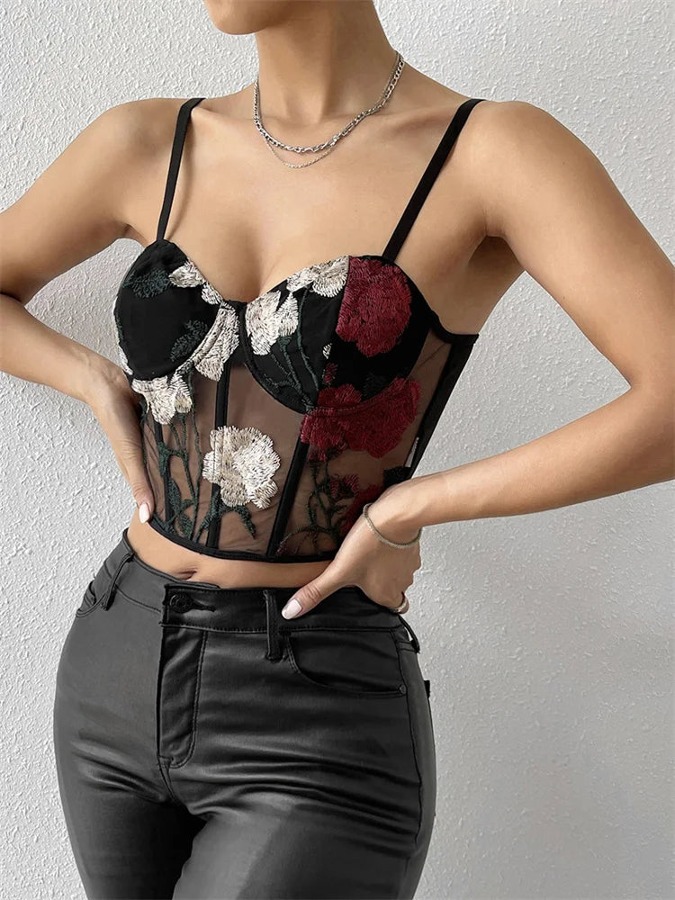Embroidery Floral Bustiers Women Spaghetti Strap Mesh Sheer Corsets Party Club Mini Vest Crop Top Denim Fabric Leather Fabric Suede Fabric Embroidery Floral Bustiers Women Spaghetti Strap Mesh Sheer Corsets Party Club Mini Vest Crop Top Denim Fabric Leather Fabric Suede Fabric