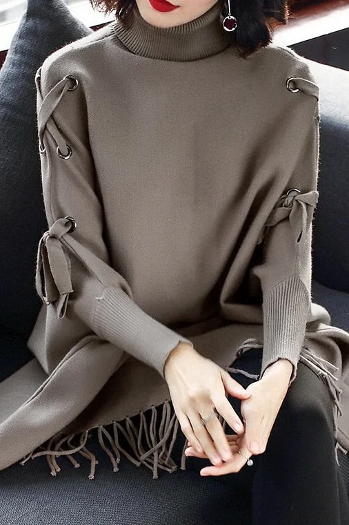 Dolman Sleeve Lace-Up Sweater Silk Blend Satin Velvet
