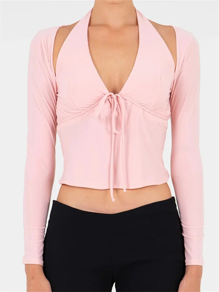 Summer Halter Solid Color Backless Off Shoulder with Long Sleeve Shrugs Streetwear 2024 Crop Top Fleece Fabric Down Fabric Feather Fabric Summer Halter Solid Color Backless Off Shoulder with Long Sleeve Shrugs Streetwear 2024 Crop Top Fleece Fabric Down Fabric Feather Fabric