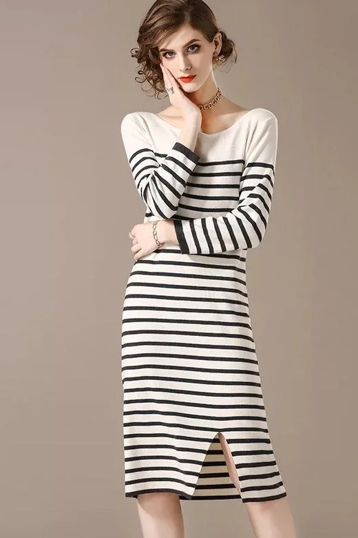 Stripe Sweater Dress Front Pockets Side Pockets Patch Pockets