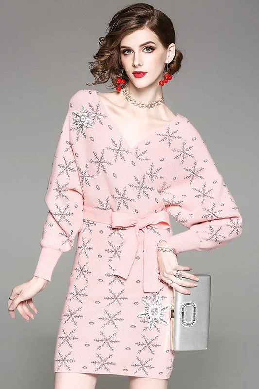 V Neck Snowflake Sweater Dress Welt Pockets Slit Pockets Flap Pockets