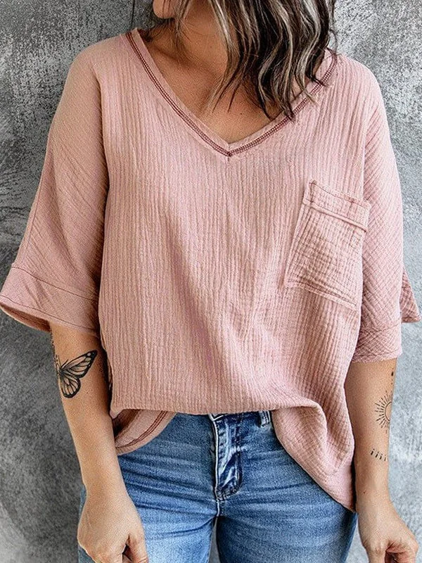 Women'S Casual Cotton V-Neck Pullover Shirt With Solid Color Half Sleeves Lapel Neck Sweater