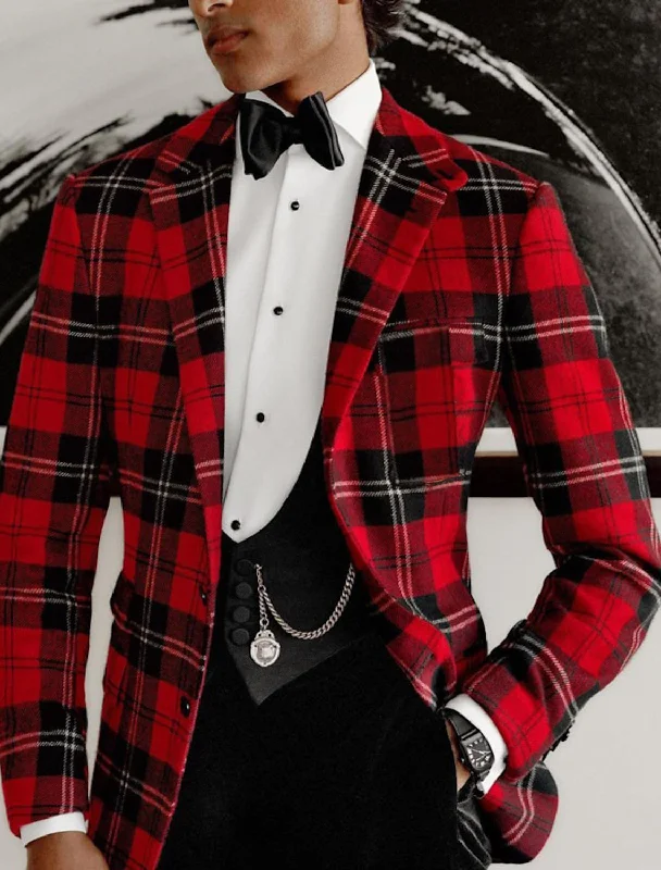 Red Men's Tailored Fit Single Breasted Two-buttons Plaid Casual Jacket One-Shoulder Jacket Off-the-Shoulder Jacket Asymmetrical Jacket