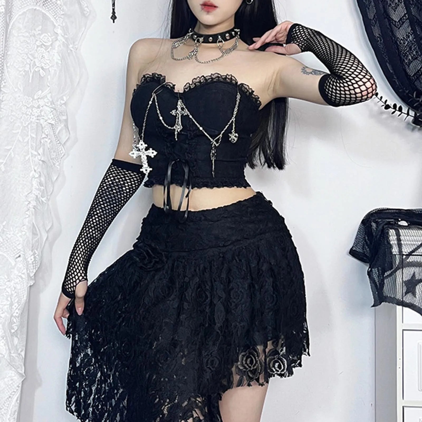 Dark Style Gothic Chain Tube Top Sexy Wrapped Chest Crop Top Knit Fabric Woven Fabric Fleece Fabric