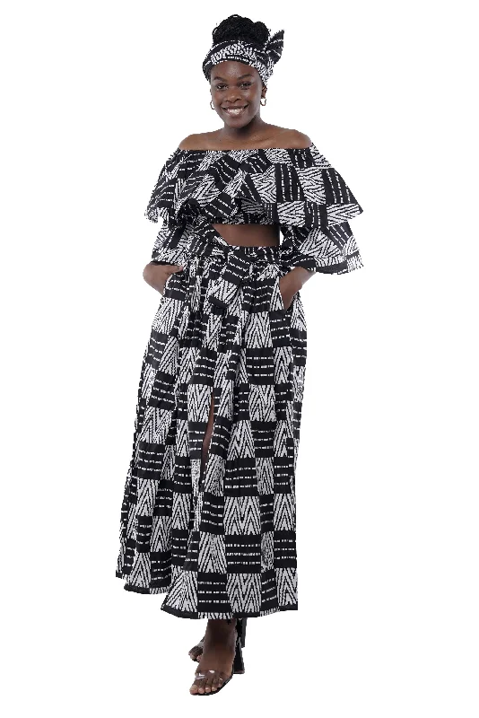 African Crop Top and Slit Skirt Set Spandex Blend Rayon Blend Denim Blend