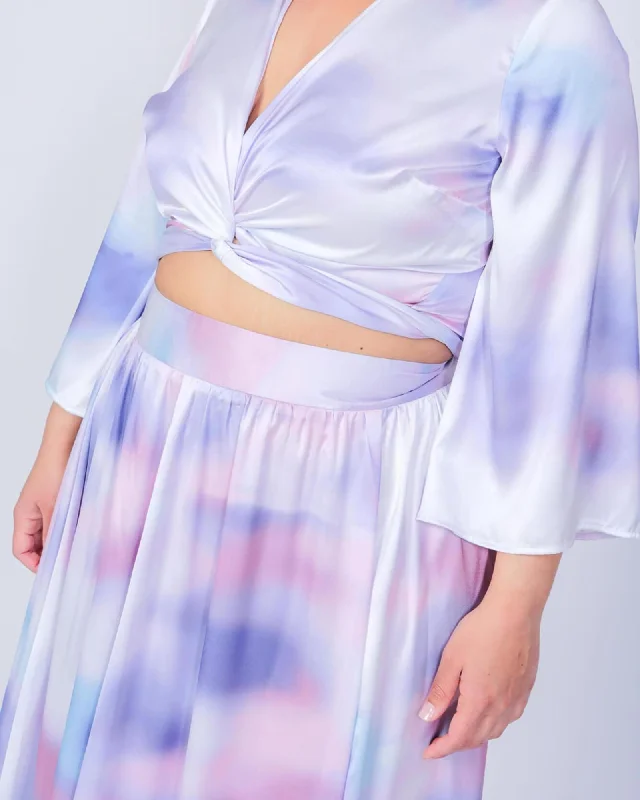 Ashford Simpson Crop Top and Maxi Swing Skirt Set | Blue Watercolor Hooded Caped Shawl Collar Ashford Simpson Crop Top and Maxi Swing Skirt Set | Blue Watercolor Hooded Caped Shawl Collar