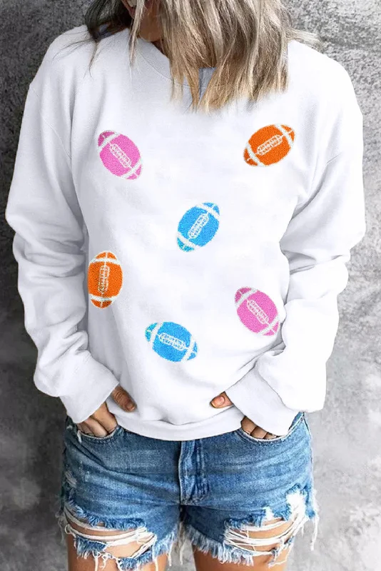 Beige Rugby Football Chenille Embroidered Patched Pullover Sweatshirt Honey Neck Pullover