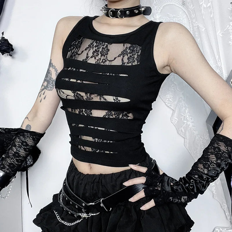 Mall Goth Hollow Out Streetwear Harajuku Mesh See Through Coquette Emo Crop Top Graphic Embroidered Appliqued Mall Goth Hollow Out Streetwear Harajuku Mesh See Through Coquette Emo Crop Top Graphic Embroidered Appliqued