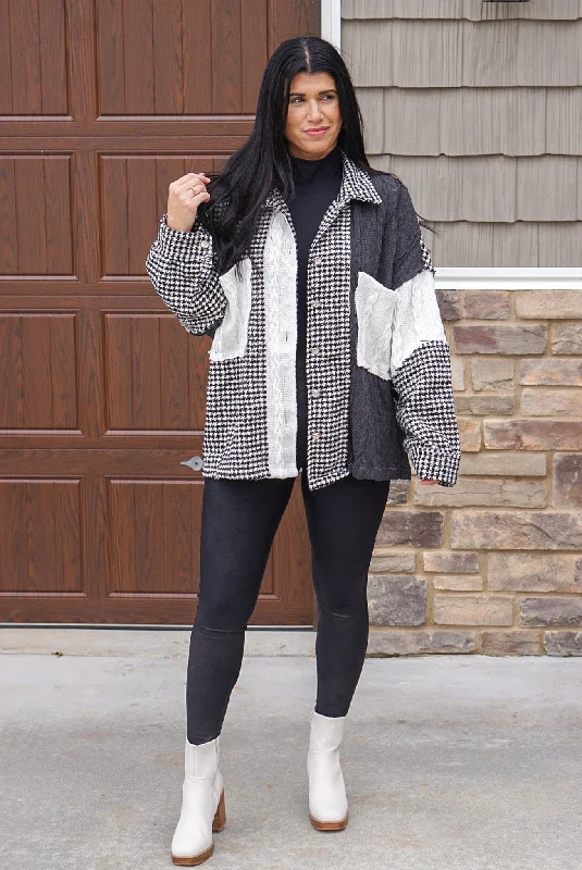 Black Houndstooth Colorblock Sweater Shacket Herringbone Houndstooth Plaid