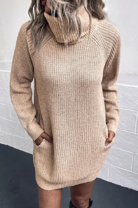 Turtleneck Sweater Dress with Pockets Denim Fabric Leather Fabric Suede Fabric