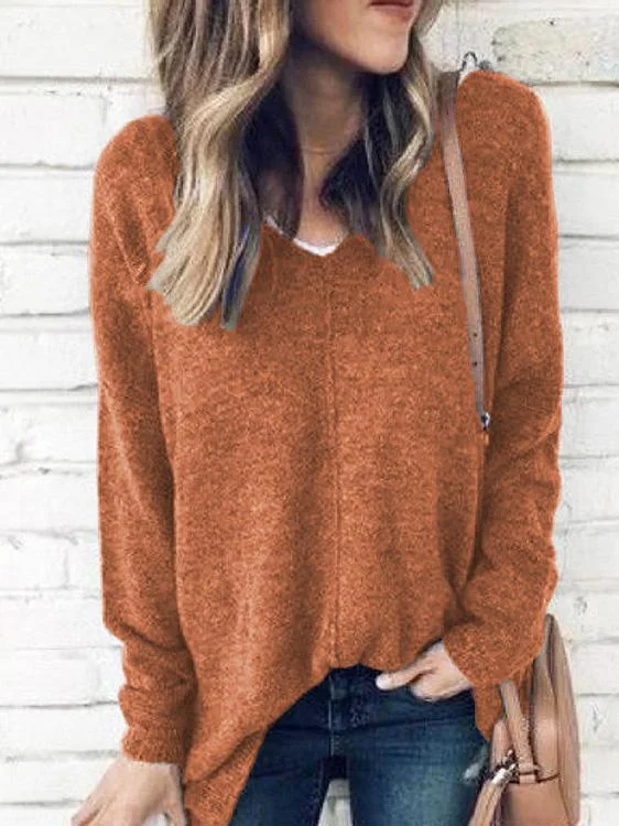 Women's V-Neck Long Sleeve Pullover T-Shirt One Shoulder Top