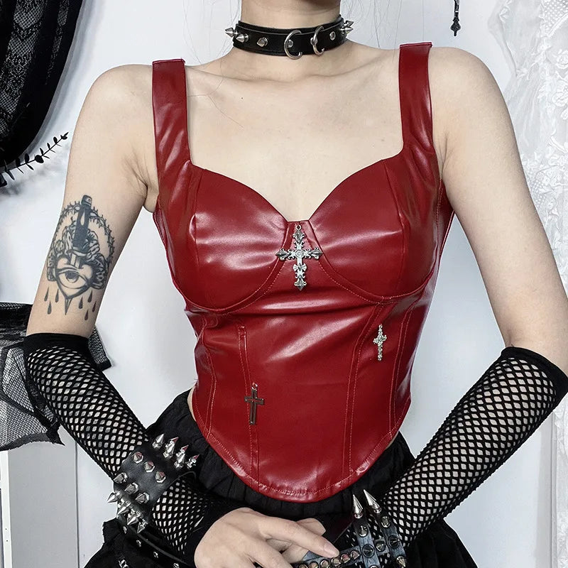 Gothic Grunge Punk Cross Sleeveless Leather Corset Vintage Clubwear Crop Top Chenille Blend Fleece Blend Nylon Blend Gothic Grunge Punk Cross Sleeveless Leather Corset Vintage Clubwear Crop Top Chenille Blend Fleece Blend Nylon Blend