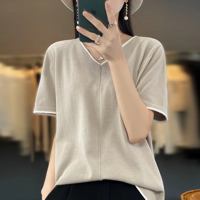 100% cotton T-shirt Women V-neck pullover short sleeve summer new casual knitting loose top fashion color contrast T-shirt Cashmere Luxurious Pullover
