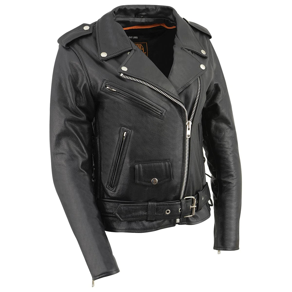 Ladies Classic Black Leather Police Style Jacket with Side Laces Wool Fabric Cashmere Fabric Tweed Fabric Ladies Classic Black Leather Police Style Jacket with Side Laces Wool Fabric Cashmere Fabric Tweed Fabric