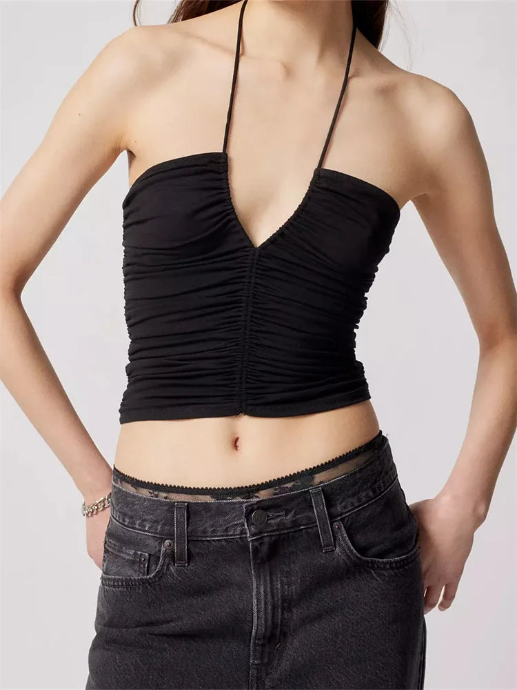 Summer Fashion Sleeveless Halter Ruched Off Shoulder Mini Vest Party Streetwear 2024 Crop Top Fashionable Trendy Casual Summer Fashion Sleeveless Halter Ruched Off Shoulder Mini Vest Party Streetwear 2024 Crop Top Fashionable Trendy Casual