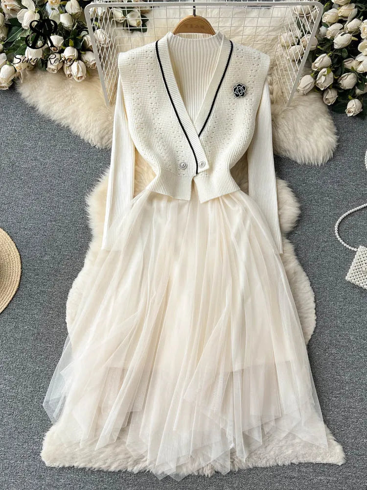 Yipinpay Autumn Knitted Retro Sets Women Knit Spliced Mesh Long Dress+Short V Neck Tank Top Fashion Sweater Two Pieces Suits Oversized Loose Flowy Yipinpay Autumn Knitted Retro Sets Women Knit Spliced Mesh Long Dress+Short V Neck Tank Top Fashion Sweater Two Pieces Suits Oversized Loose Flowy