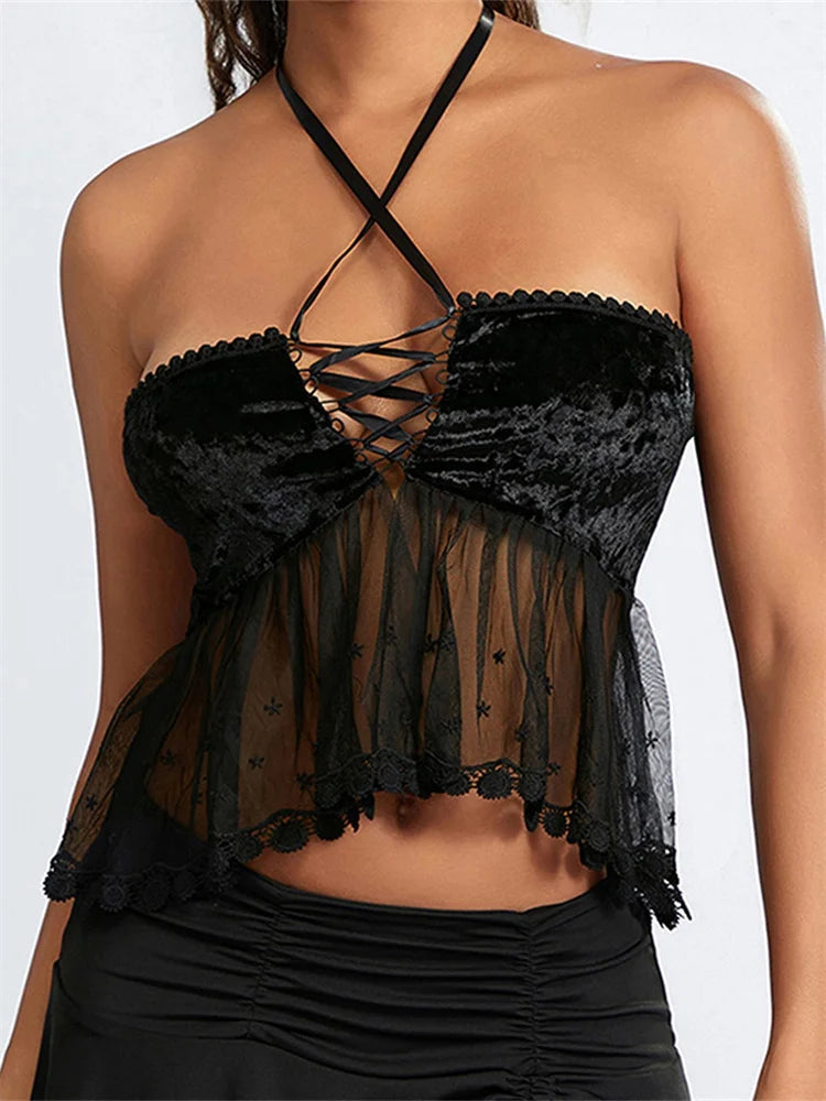 Sexy Women Mesh Patchwork Criss-Cross Tie-Up Halter Backless Vest Summer Sleeveless Cropped Clubwear Crop Top Polka Dot Checkered Tartan Sexy Women Mesh Patchwork Criss-Cross Tie-Up Halter Backless Vest Summer Sleeveless Cropped Clubwear Crop Top Polka Dot Checkered Tartan