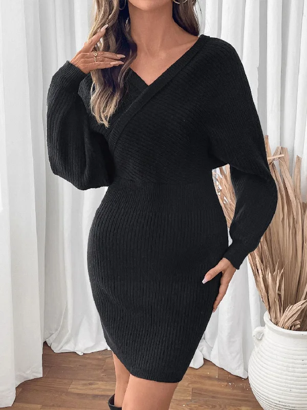 Surplice Long Sleeve Sweater Dress Nylon Fabric Polyester Fabric Spandex Fabric