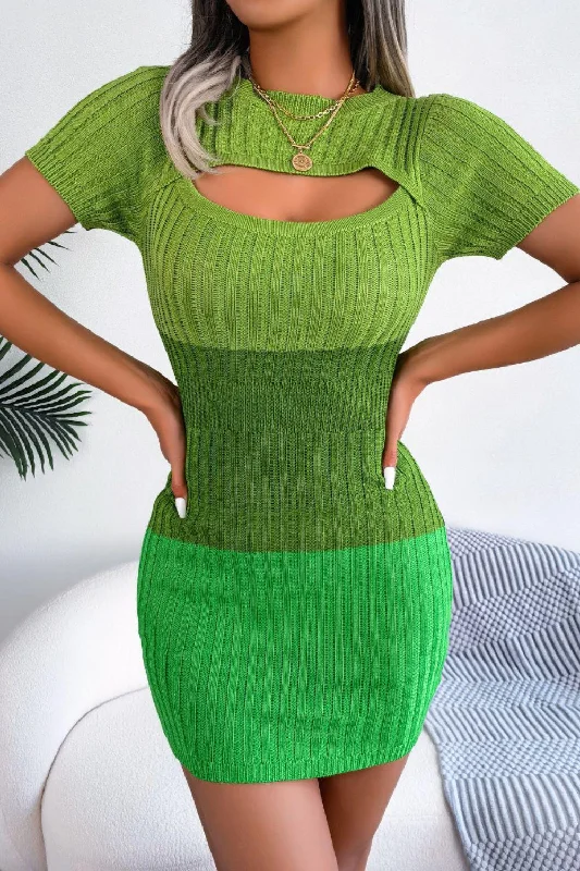 Color Block Cutout Short Sleeve Sweater Dress Elasticated Padded Insulated