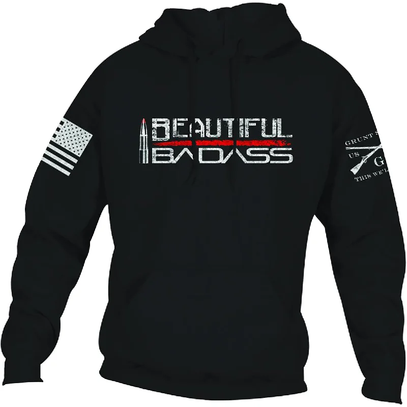Grunt Style Women's Relaxed Fit Beautiful Badass 2.0 Pullover Hoodie - Black Scalloped Neck Pullover