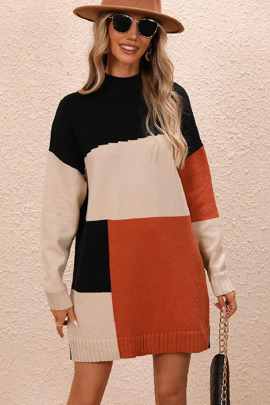 Color Block Mock Neck Dropped Shoulder Sweater Dress Iron Safe Non-Iron Wrinkle Free Color Block Mock Neck Dropped Shoulder Sweater Dress Iron Safe Non-Iron Wrinkle Free