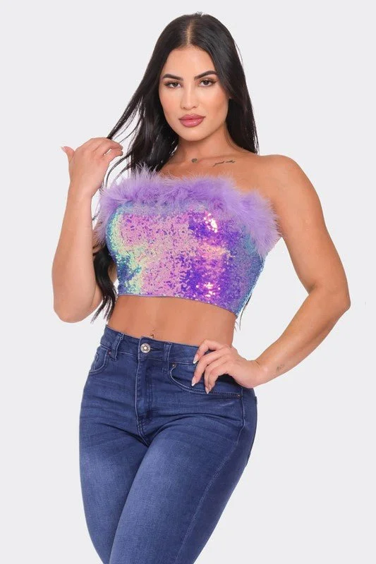 Sequin Crop Top with Fur Rayon Fabric Velvet Fabric Corduroy Fabric