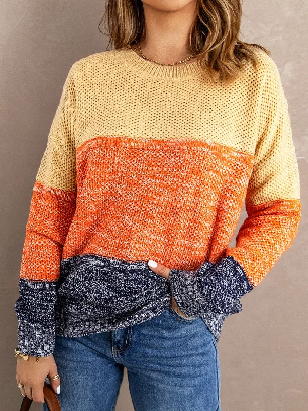 Blue Netted Texture Color Block Pullover Sweater Boat Neck Sweater