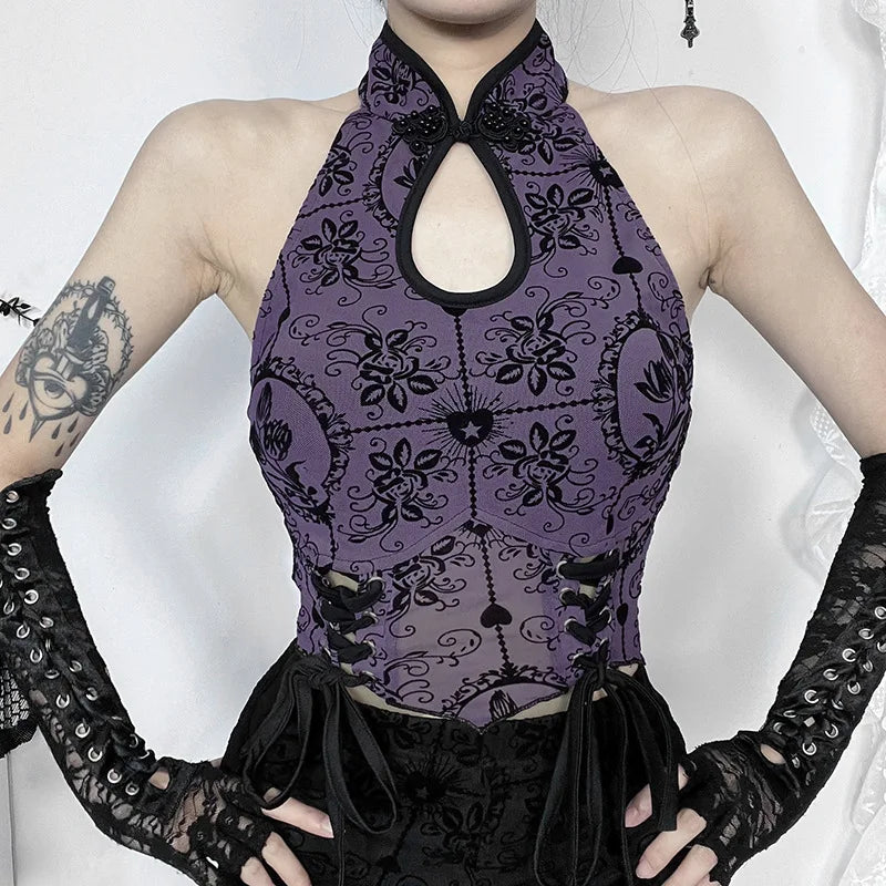 Vintage Elegant Jacquard Bandage Backless Halter Sexy Chic Crop Top Spandex Blend Rayon Blend Denim Blend Vintage Elegant Jacquard Bandage Backless Halter Sexy Chic Crop Top Spandex Blend Rayon Blend Denim Blend