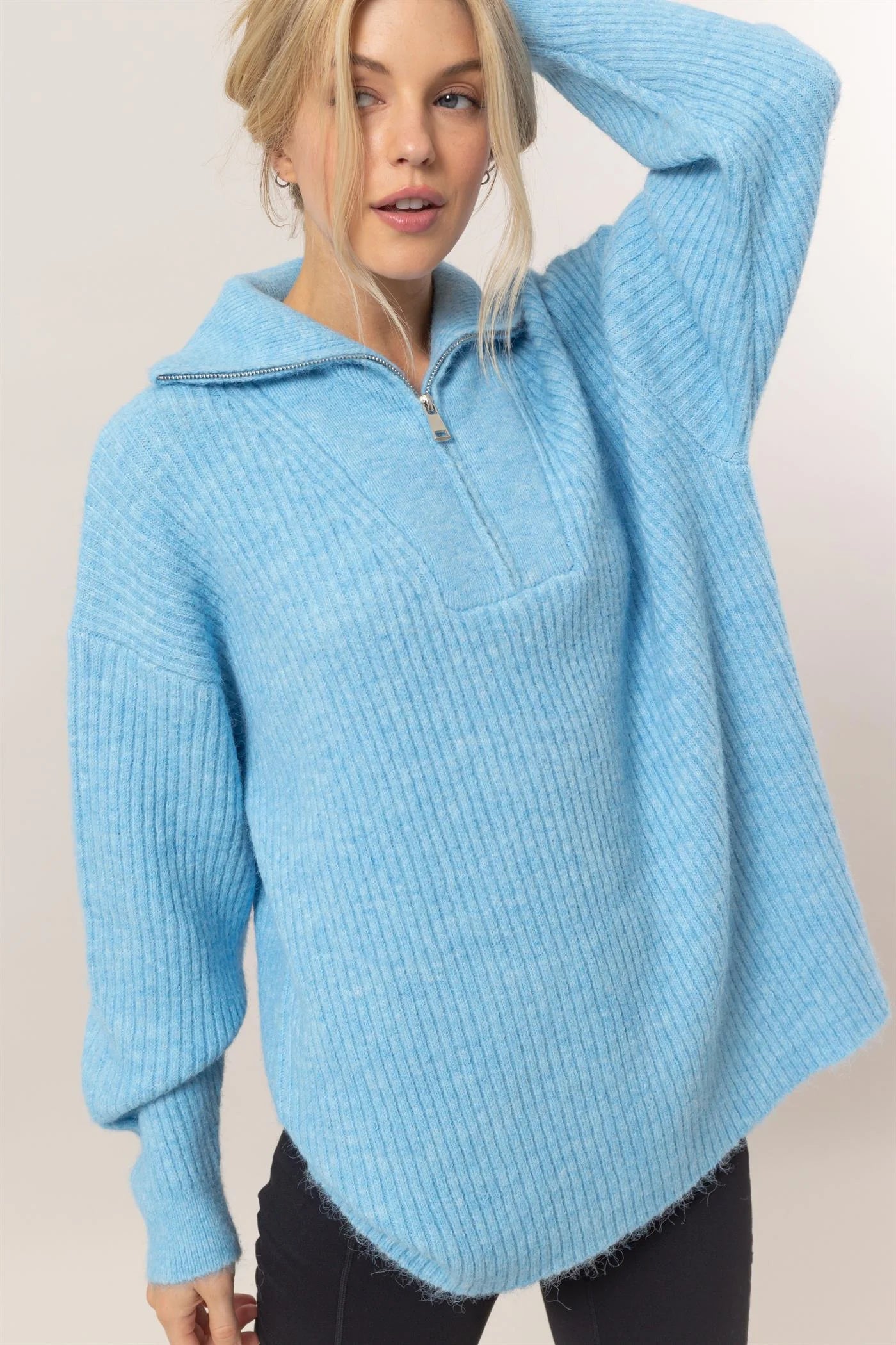 On Clouds Blue Half Zip Sweater Handmade Hand-knitted Hand-woven