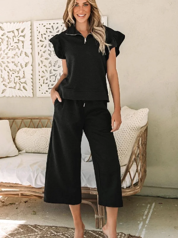 Flutter Sleeve Crop Top and Culotte Pant Set Polka Dot Checkered Tartan