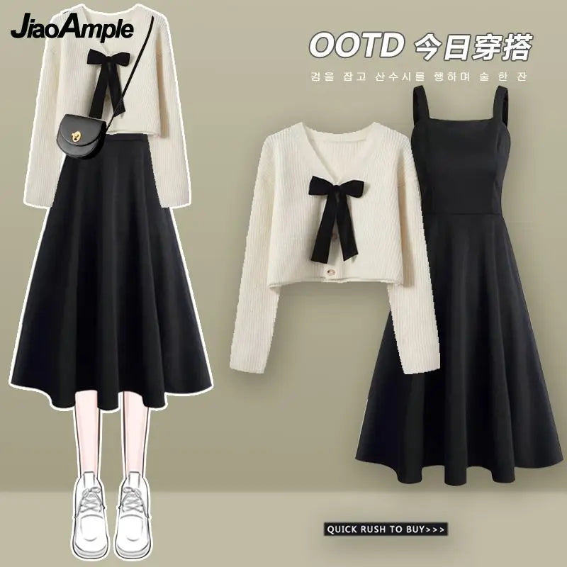 Yipinpay Women's Autumn Winter New In Matching Set Korean Elegant Knitted Sweater Coat Black Strap Dress Two Piece Female Clothing Suit Boat Neck Shawl Collar Notched Collar Yipinpay Women's Autumn Winter New In Matching Set Korean Elegant Knitted Sweater Coat Black Strap Dress Two Piece Female Clothing Suit Boat Neck Shawl Collar Notched Collar