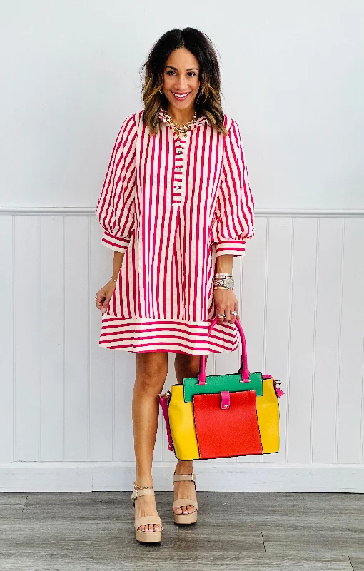 Pink Seersucker Striped Pullover Mini Dress (Reg. & Plus) Cowl Neck Pullover