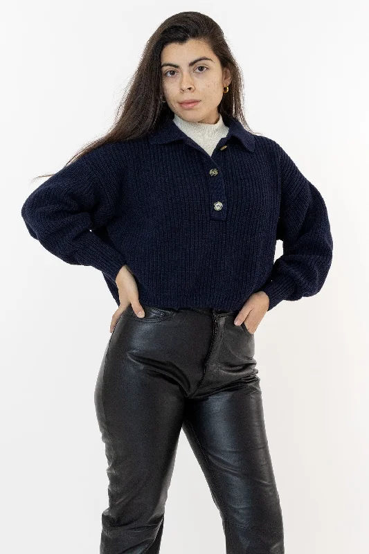 FM30GD - Fisherman Cropped Polo Pullover Fitted Ribbed Sweater