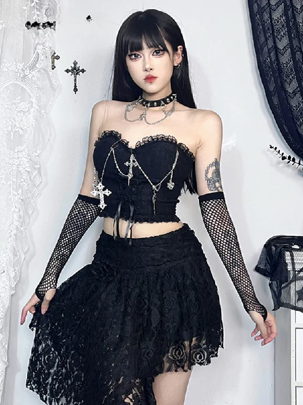 Gothic Sexy Harajuku Strapless E Girl Grunge Crop Top Houndstooth Herringbone Solid