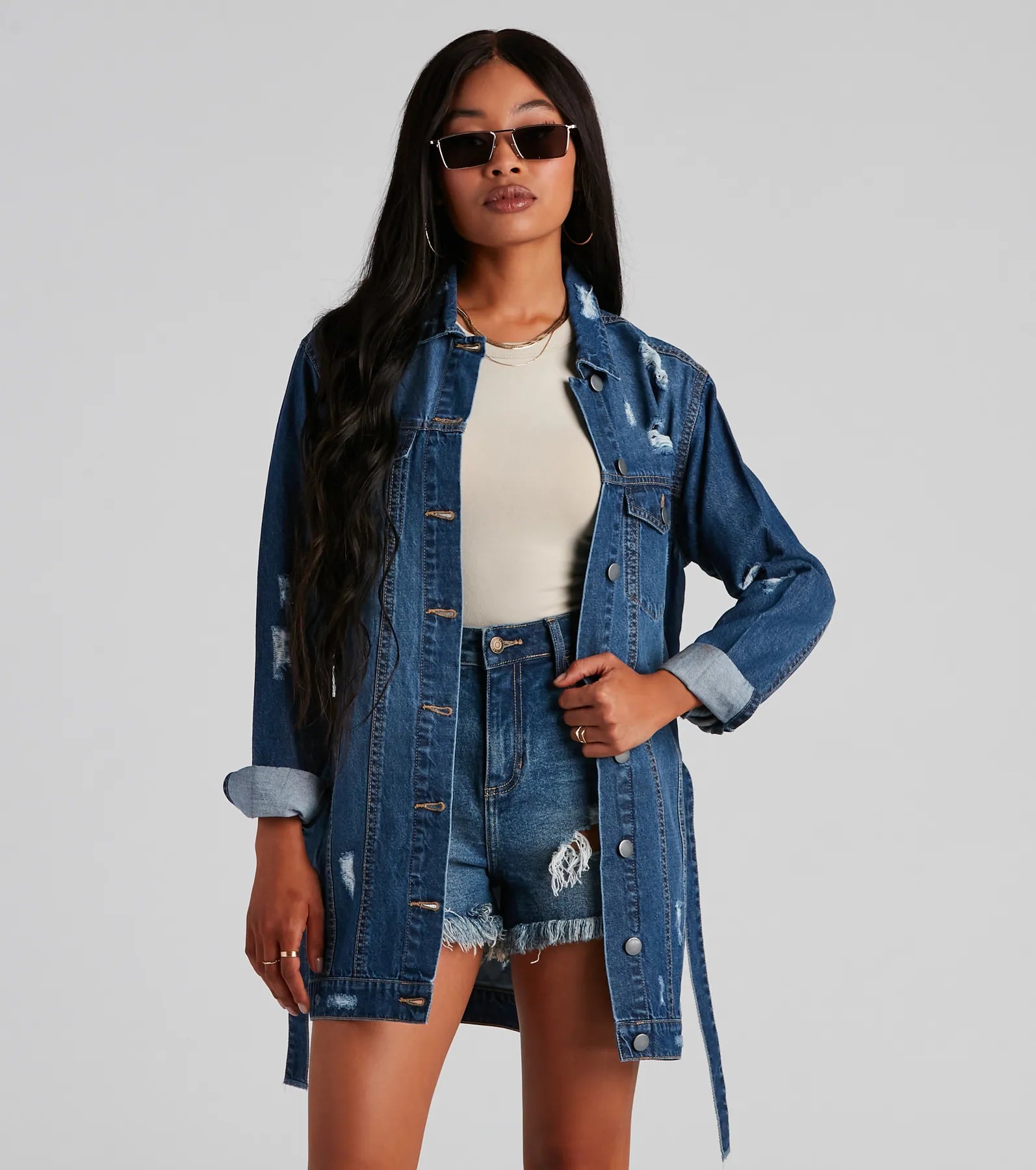 Denim Babe Belted Long Jean Jacket Tailored Jacket Straight Jacket A-Line Jacket