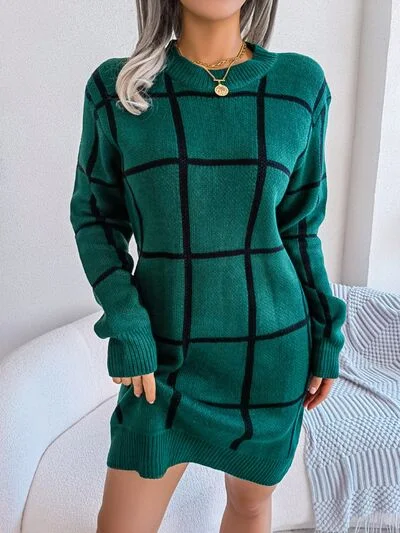 Blue Zone Planet | Plaid Round Neck Dropped Shoulder Sweater Dress Cotton Fabric Linen Fabric Terry Fabric Blue Zone Planet | Plaid Round Neck Dropped Shoulder Sweater Dress Cotton Fabric Linen Fabric Terry Fabric
