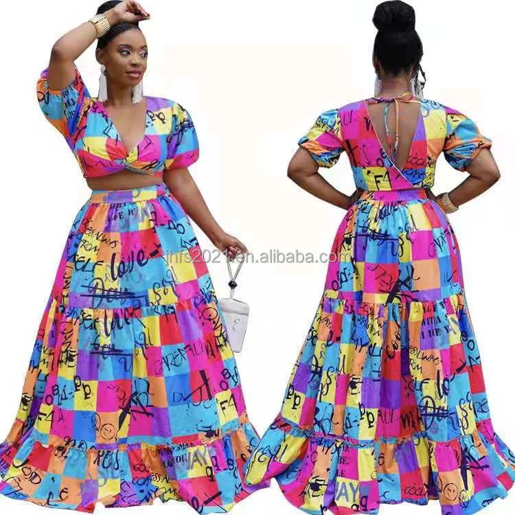 J&H Fashion Plus Size Colorful 2 Piece Set Women Graffiti Puffed Sleeve Tie Backless V Neck Crop Top High Waist Long Skirt Beach Houndstooth Herringbone Solid J&H Fashion Plus Size Colorful 2 Piece Set Women Graffiti Puffed Sleeve Tie Backless V Neck Crop Top High Waist Long Skirt Beach Houndstooth Herringbone Solid