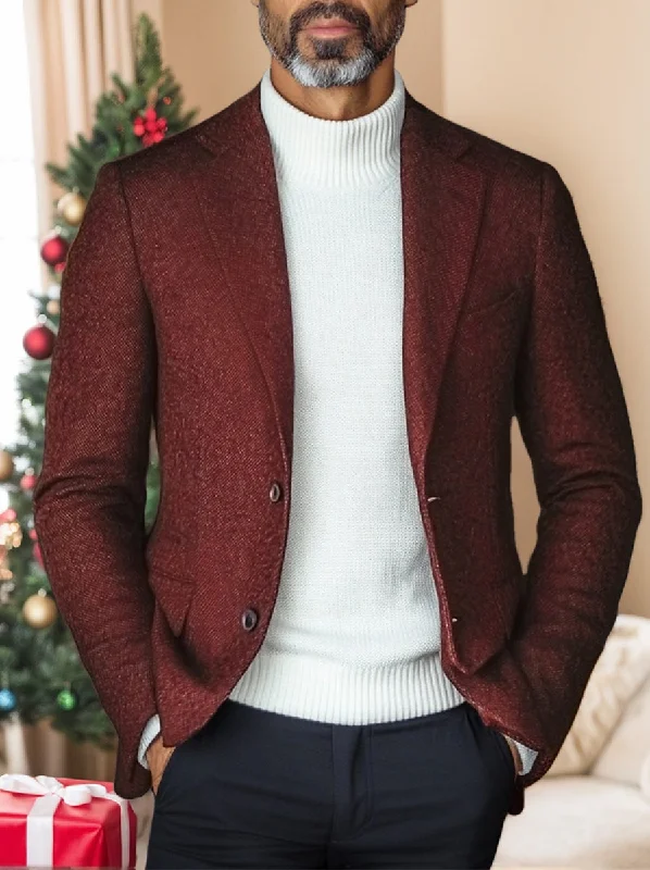 Burgundy Men's Retro Standard Fit Single Breasted Two-Buttons Casual Blazer Jacket Ribbed Jacket Pleated Jacket Ruffled Jacket