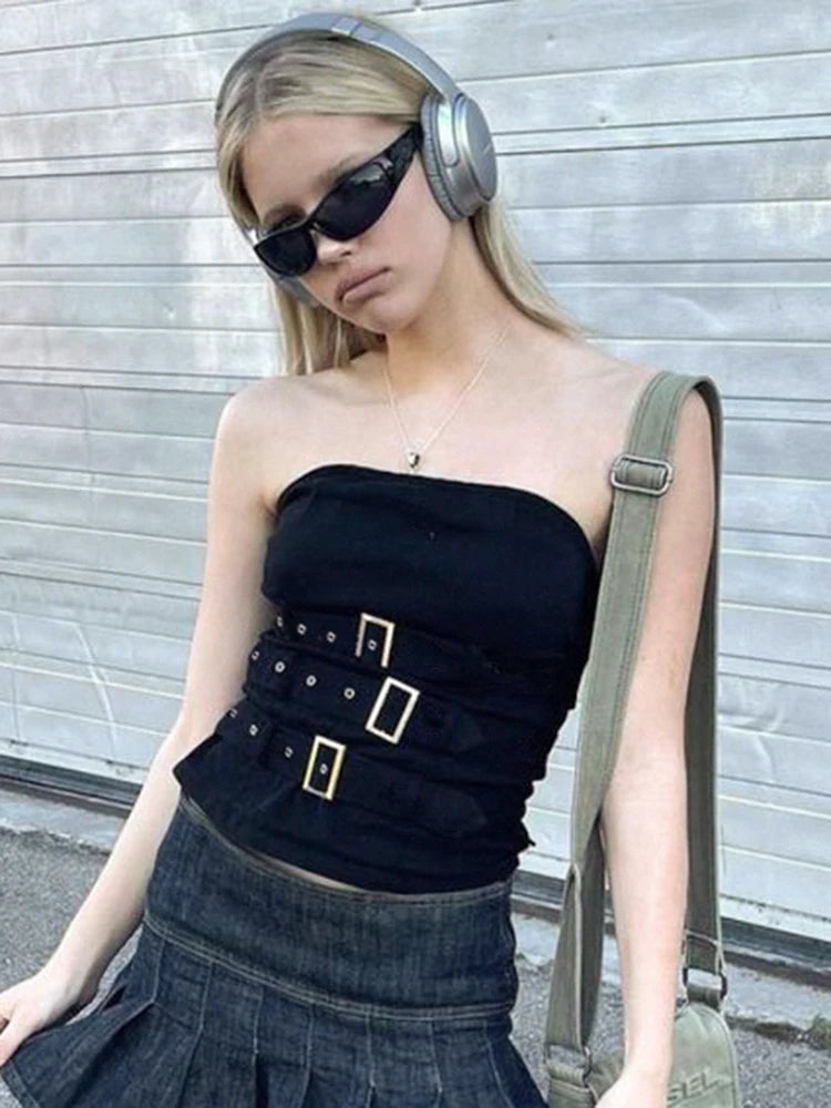Y2K Bandage Buckle Corset Black Punk Grunge Gothic Retro Streetwear Crop Top Zippered Buttoned Snapped Y2K Bandage Buckle Corset Black Punk Grunge Gothic Retro Streetwear Crop Top Zippered Buttoned Snapped